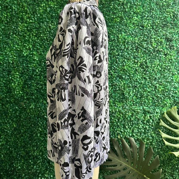 1980s Golden Gate Black-and-White Printed Long Sleeve Blouse - Picture 2 of 5